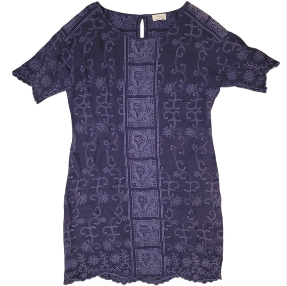 Wrap London 100% Linen Embroidered Peasant Lagenlook Blue Shift Dress US Size 8 - Picture 1 of 9